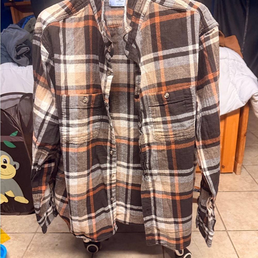 Old Navy Men's Brown and Tan Plaid Shirt Jacket